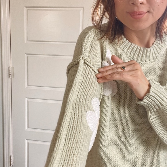 Cozy Sage Daisy Fuzzy Patch Reverse Stitch Sweater Top - Picture 11 of 11